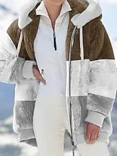 Women's Fleece Jacket Teddy Coat Hoodie Jacket Warm Breathable Zipper Pocket Color Block Fleece Lined Casual Stripe Vacation Street Daily Wear Going out Zipper Regular Hoodie Regular Fit Long Sleeve