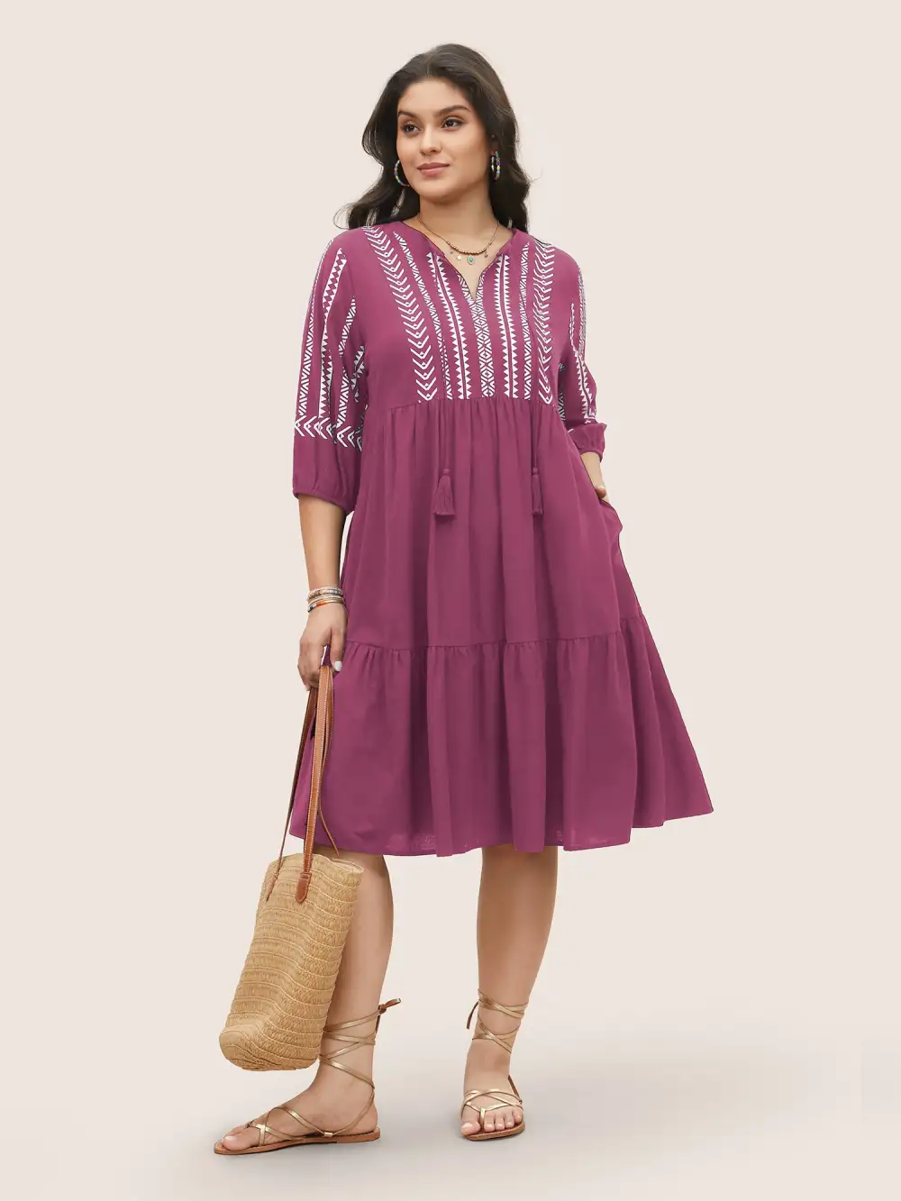 Cotton Geometric Bandana Print Tassel Trim Dress