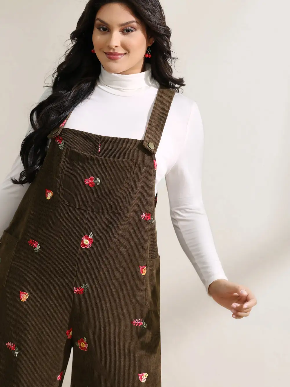 Corduroy Embroidered Patch Pocket Overall Jumpsuit