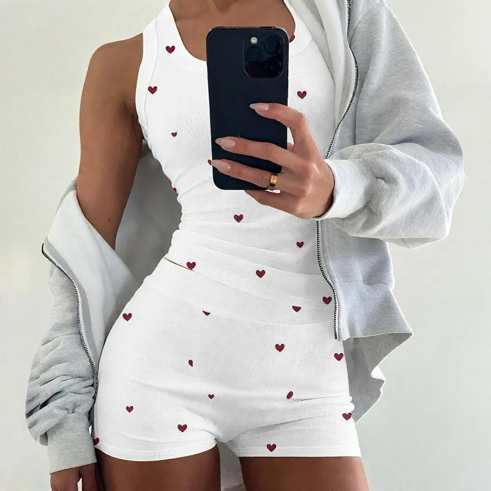 Women’s Heart Print Pajama Set – Sleeveless Tank & Stretch Waist Shorts