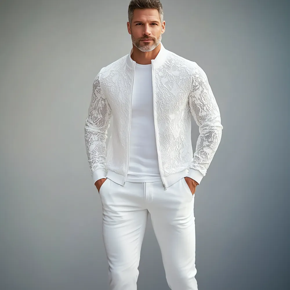 Men's Lace See-Through Stand Collar Zip Up Long Sleeve Jacket