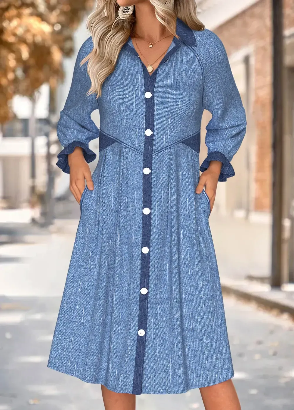 Blue Tummy Coverage Long Sleeve Shirt Collar Dress