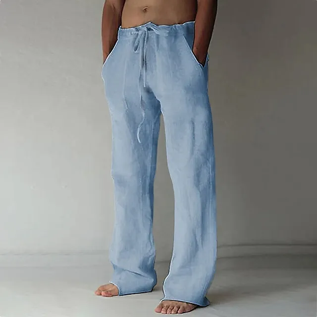 Men's Linen Pants Trousers Summer Pants Baggy Beach Pants Drawstring Front Pocket Straight Leg Plain Comfort Soft Full Length Holiday Beach Yoga Linen / Cotton Blend Fashion Hawaiian Black White