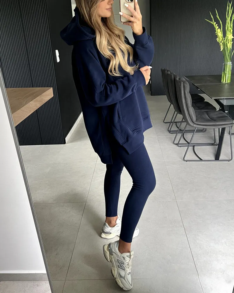 Slit hoodie pencil pants two piece set