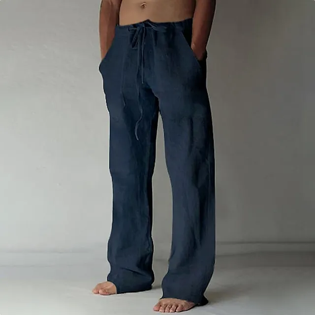 Men's Linen Pants Trousers Summer Pants Baggy Beach Pants Drawstring Front Pocket Straight Leg Plain Comfort Soft Full Length Yoga Holiday Beach Fashion Hawaiian Black White