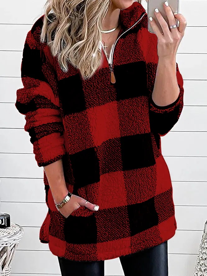 Casual Plaid Loose Fluff Cotton Fleece Fabric Sweatshirt