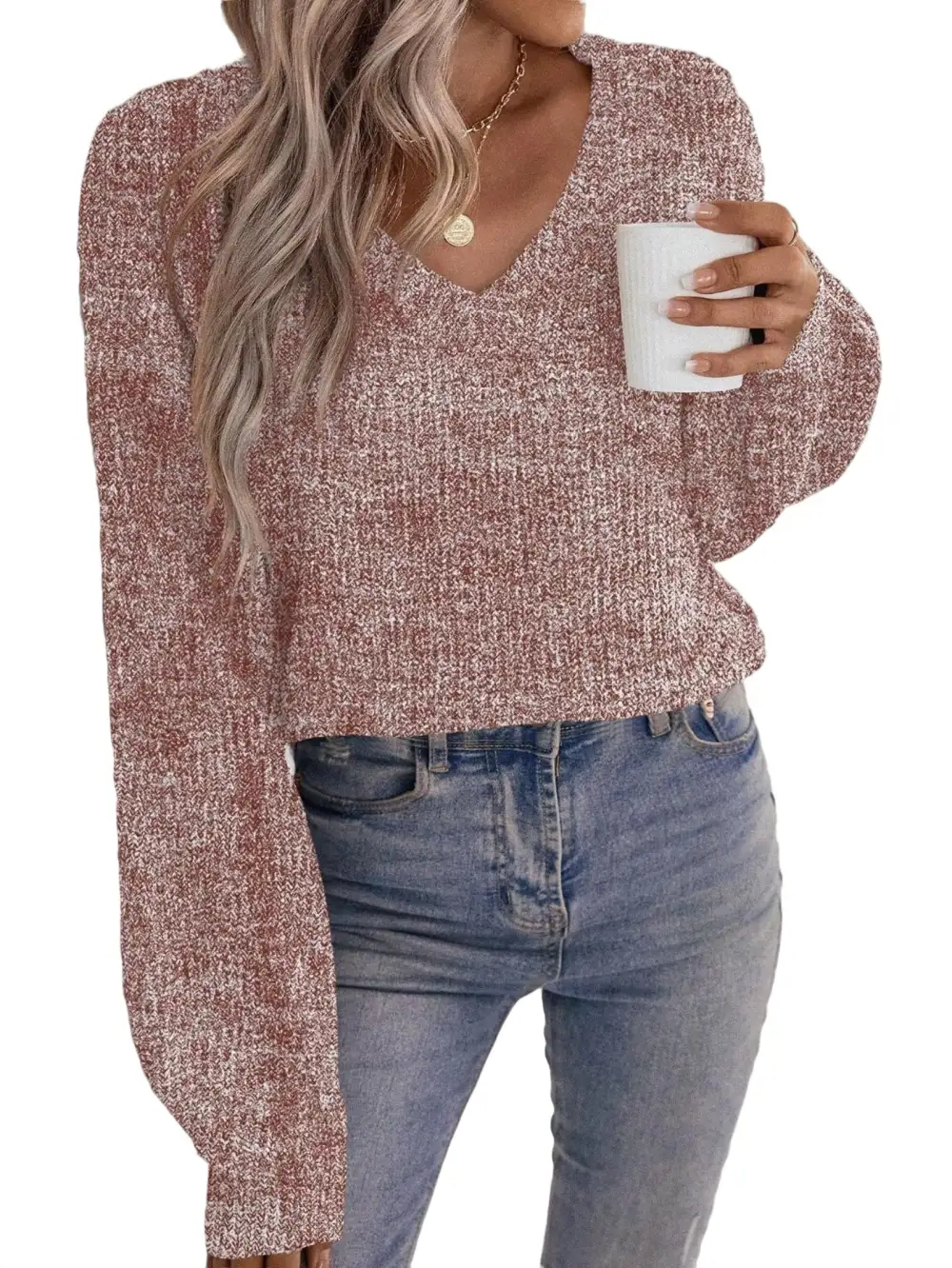 Casual Plain V neck Pullovers Long Sleeve Brown Women Sweaters (Women's)