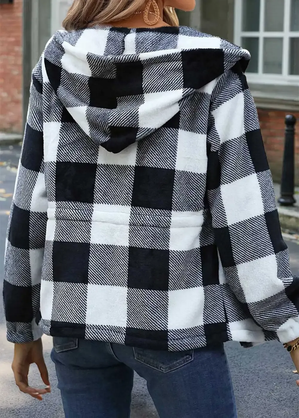 Black Tummy Coverage Plaid Long Sleeve Hooded Coat
