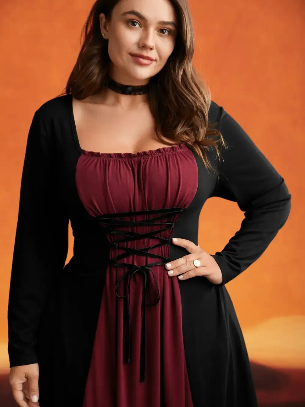 Stretchy Knit Adjustable Tie Frill Trim Midi Dress