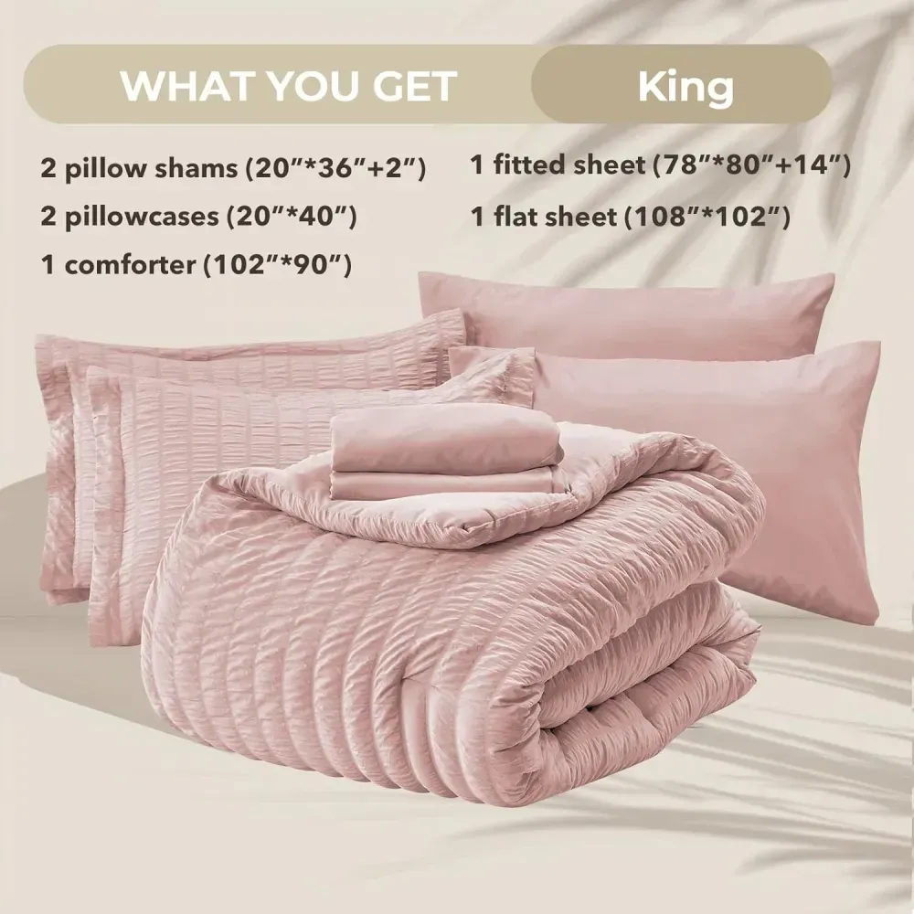 Queen Comforter Set Seersucker 7 Pieces, All Season Luxury Bed in a Bag for Bedroom, Bedding Set with Comforters, Sheets, Pillowcases & Shams, Dark Grey