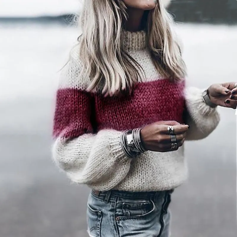 Striped Colorblock Mohair Crew Neck Sweater
