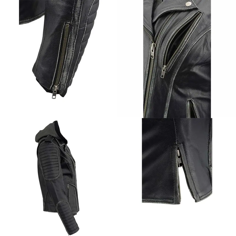 Leather MLL2516 Black Leather Rub-Off Leather Jacket with Hoodie for Women