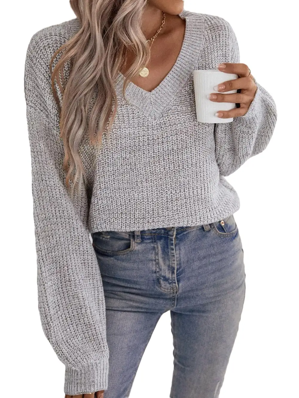 Casual Plain V neck Pullovers Long Sleeve Brown Women Sweaters (Women's)