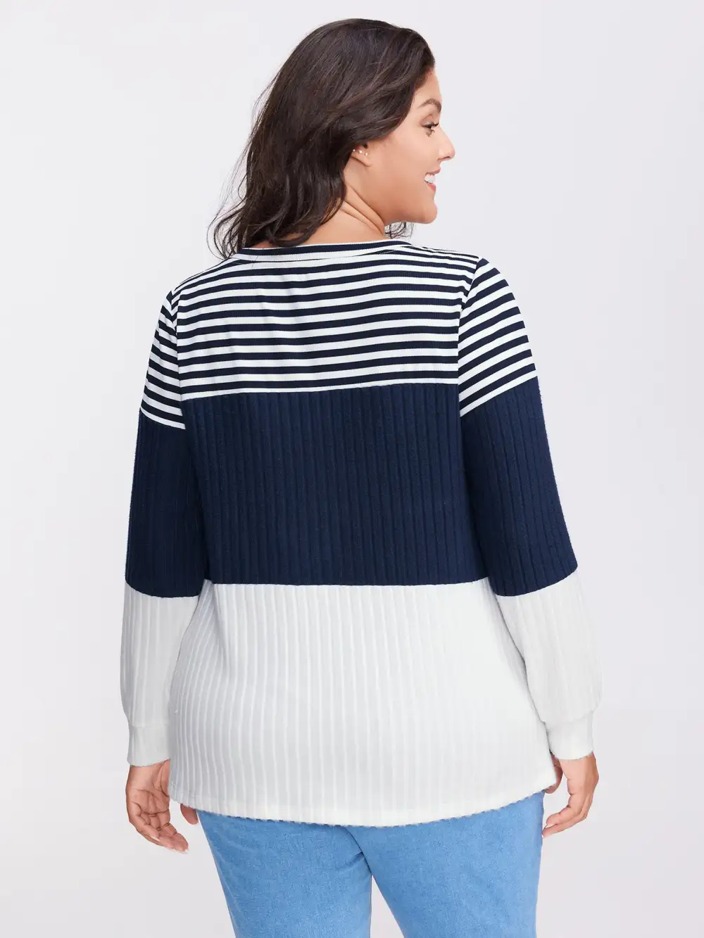 Stripe Ribbed Button Placket T-Shirt