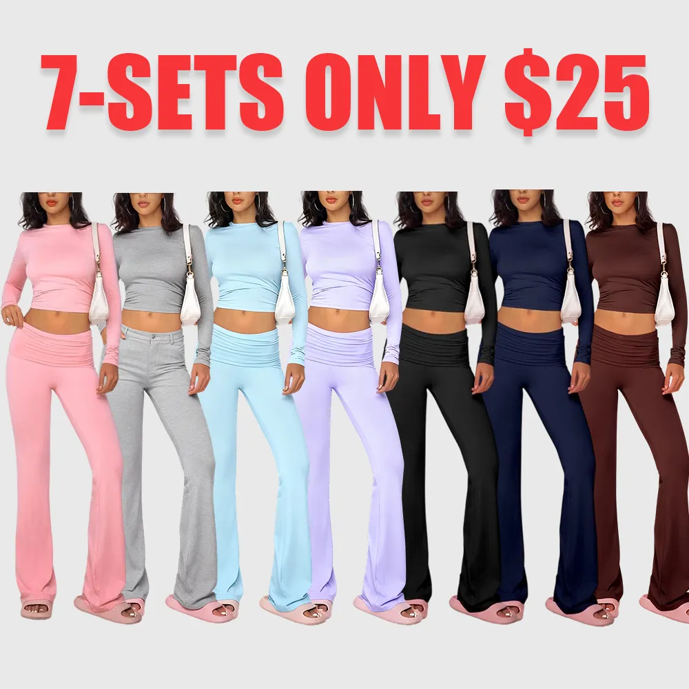 Women's Summer 2-Piece Set: Long-Sleeve Crop Tee + Fold-Over Waist Flare Leg Pants (Casual Elegant)