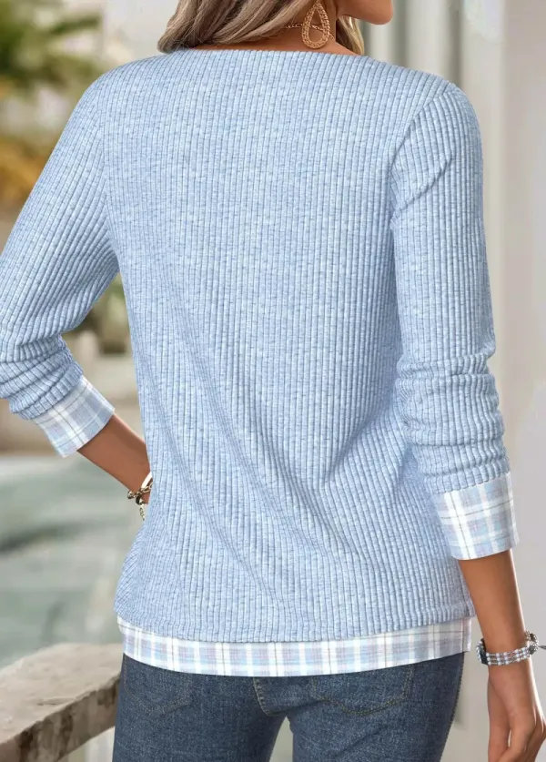 Light Blue Plaid Long Sleeve V Neck T Shirt