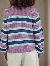 Women's Sweater Pullover Fashion Streetwear Striped Cable Crew Neck Knitted Long Sleeve Regular Tops Knit Holiday Going out Weekend Yellow Purple Fall Winter