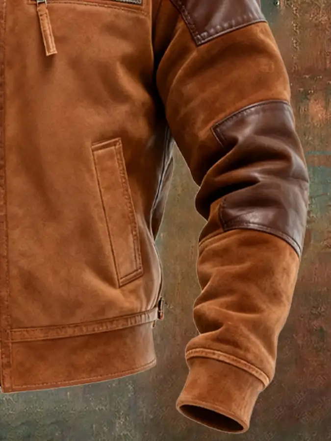 Men's Vintage Suede Stitching Leather Zipper Pocket Outdoor Jacket