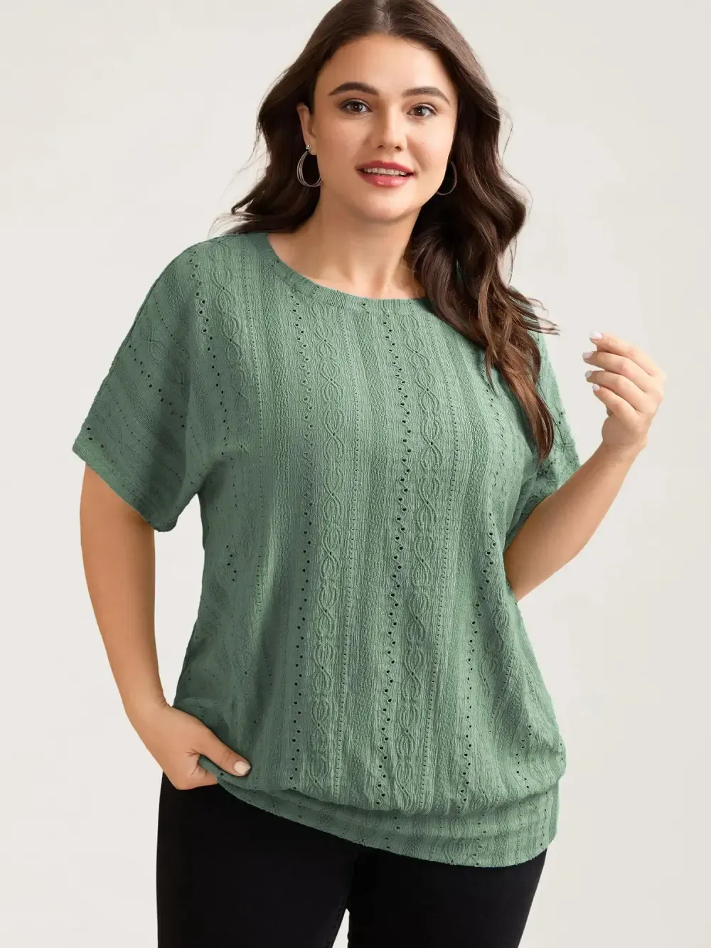 Eyelet Trim Stretchy Textured Plain Top