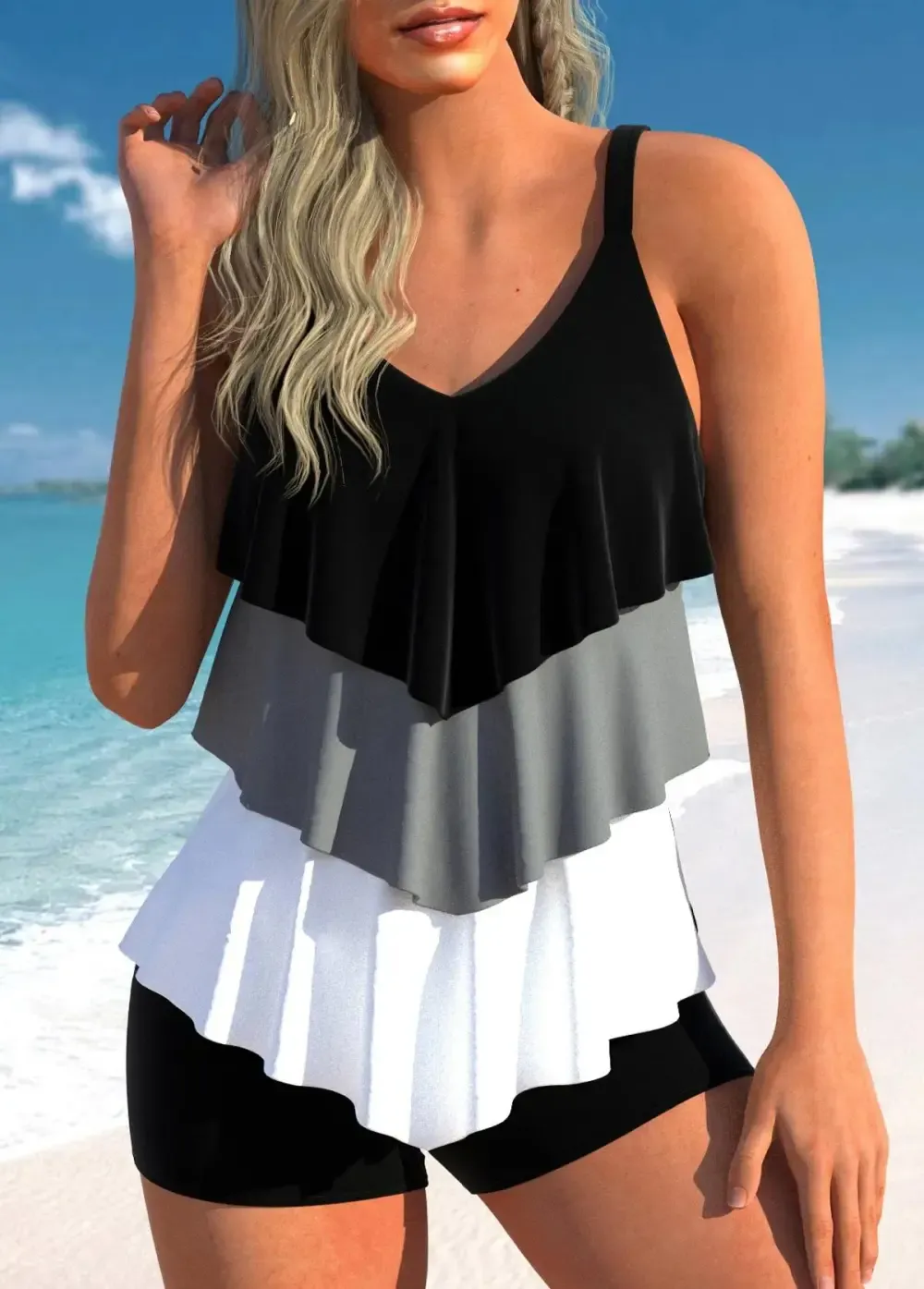 Women's Handkerchief Hem Plus Size Black Tankini Top