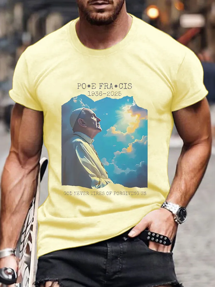 Men's Rip 1936-2025 God Never Tires Of Forgiving Us Print Short Sleeve Round Neck Cotton T-Shirt
