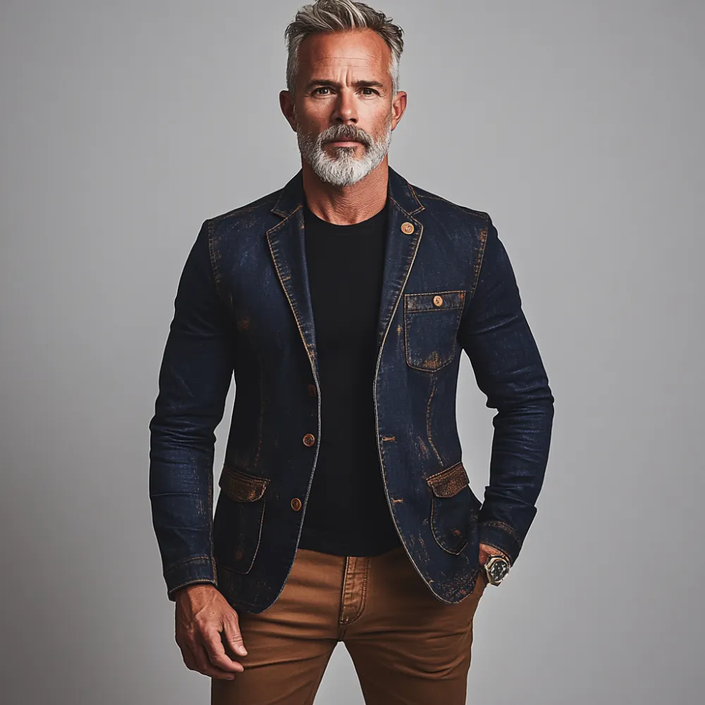 Men's Vintage Notch Lapel Two Button Utility Pocket Denim Jacket