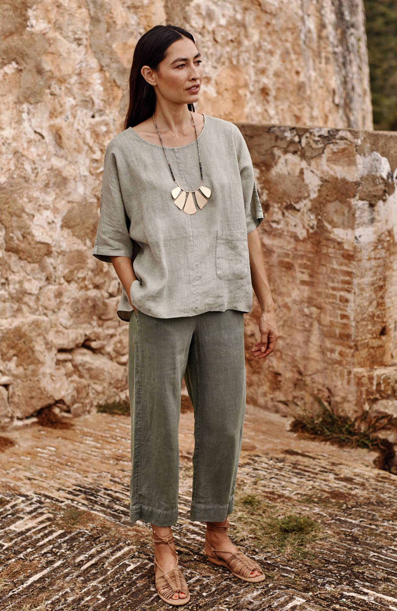 pure jill linen trapunto-stitched pants