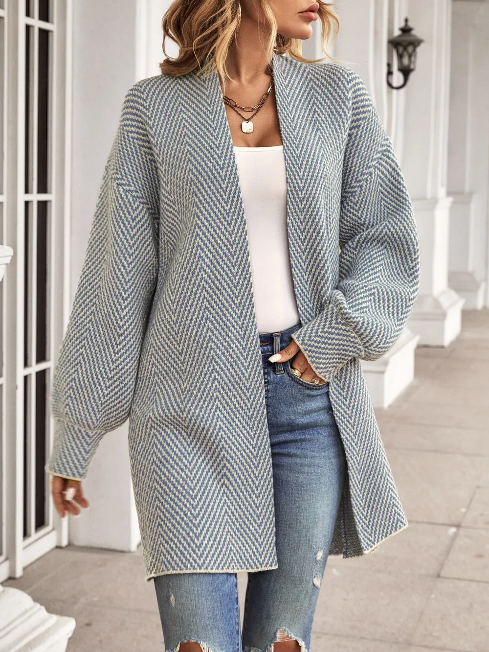 Chevron Pattern Bishop Sleeve Duster Cardigan