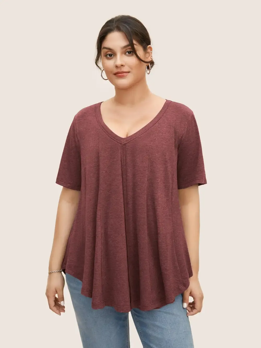 Solid Heather V Neck Curved Hem T-Shirt