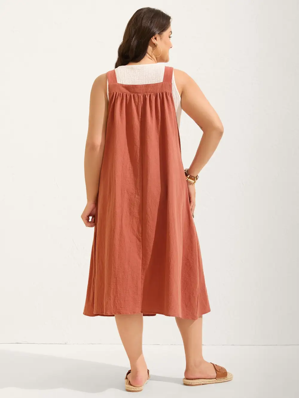 Pure Cotton Pleated Pockets Midi Dress