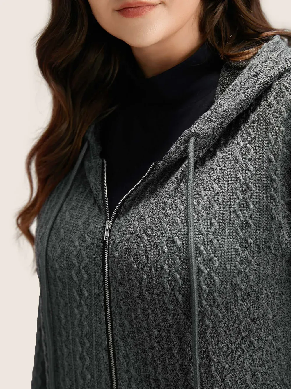 Plain Textured Zipper Hooded Sweatshirt