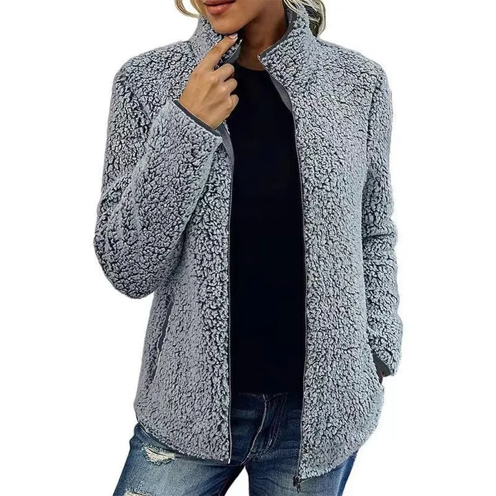 Solid Stand Collar Fleece Coat