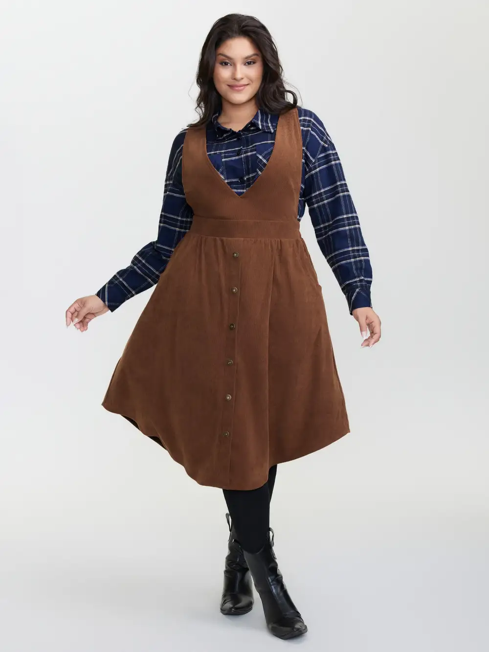 Corduroy Deep V-Neck Adjustable Midi Dress