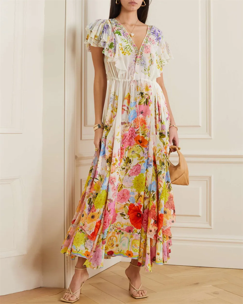 Women's V-neck Ruffle Print Dress