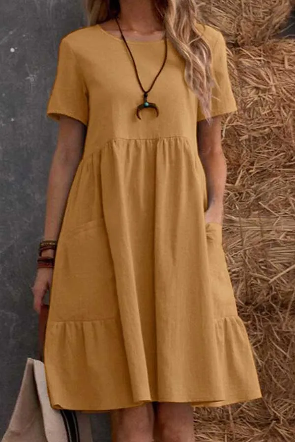 Solid Pocket Design Short Sleeve Linen Dress