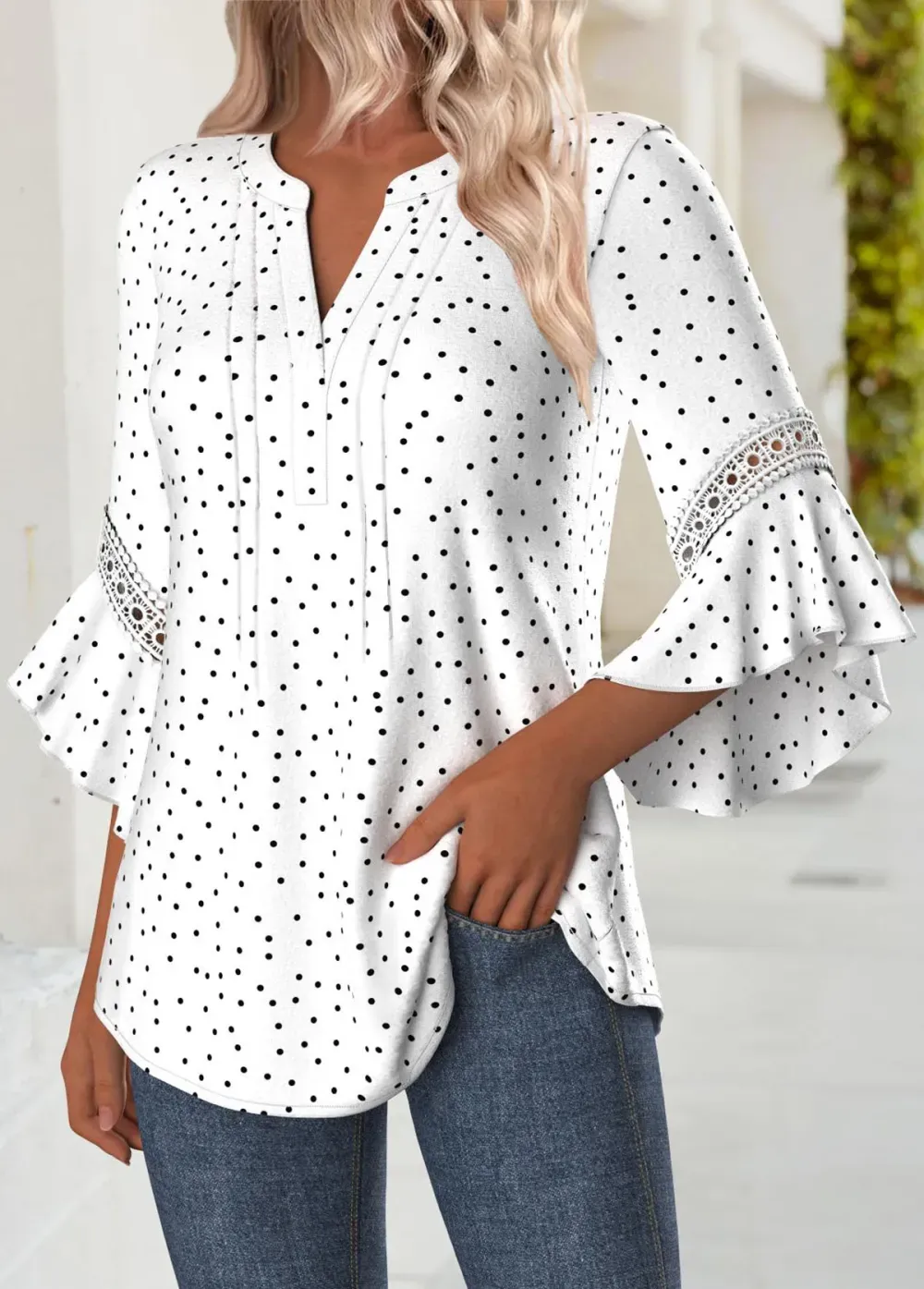 Multi Color Polka Dot 3/4 Sleeve Split Neck Blouse