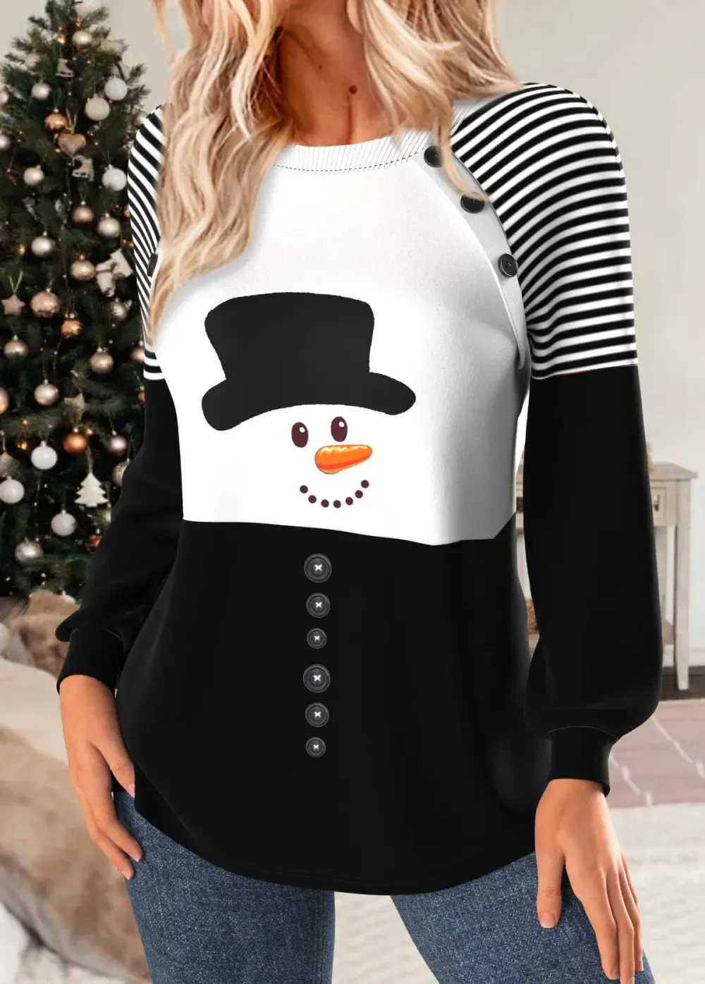 Christmas Black Patchwork Snowman Print Long Sleeve Sweatshirt