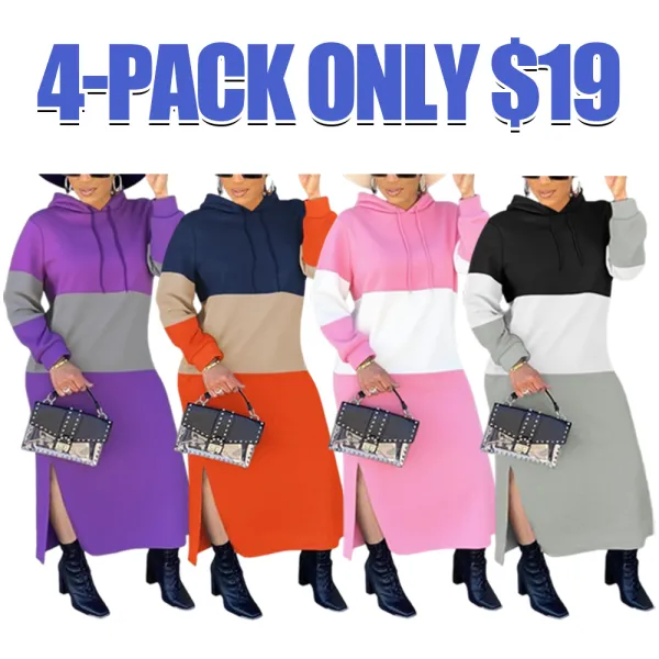 【Plus Size】 Colorblock Drawstring Split Hem Hooded Dress, Casual Long Sleeve Dress for Fall & Winter, Women's Clothing for Daily Wear