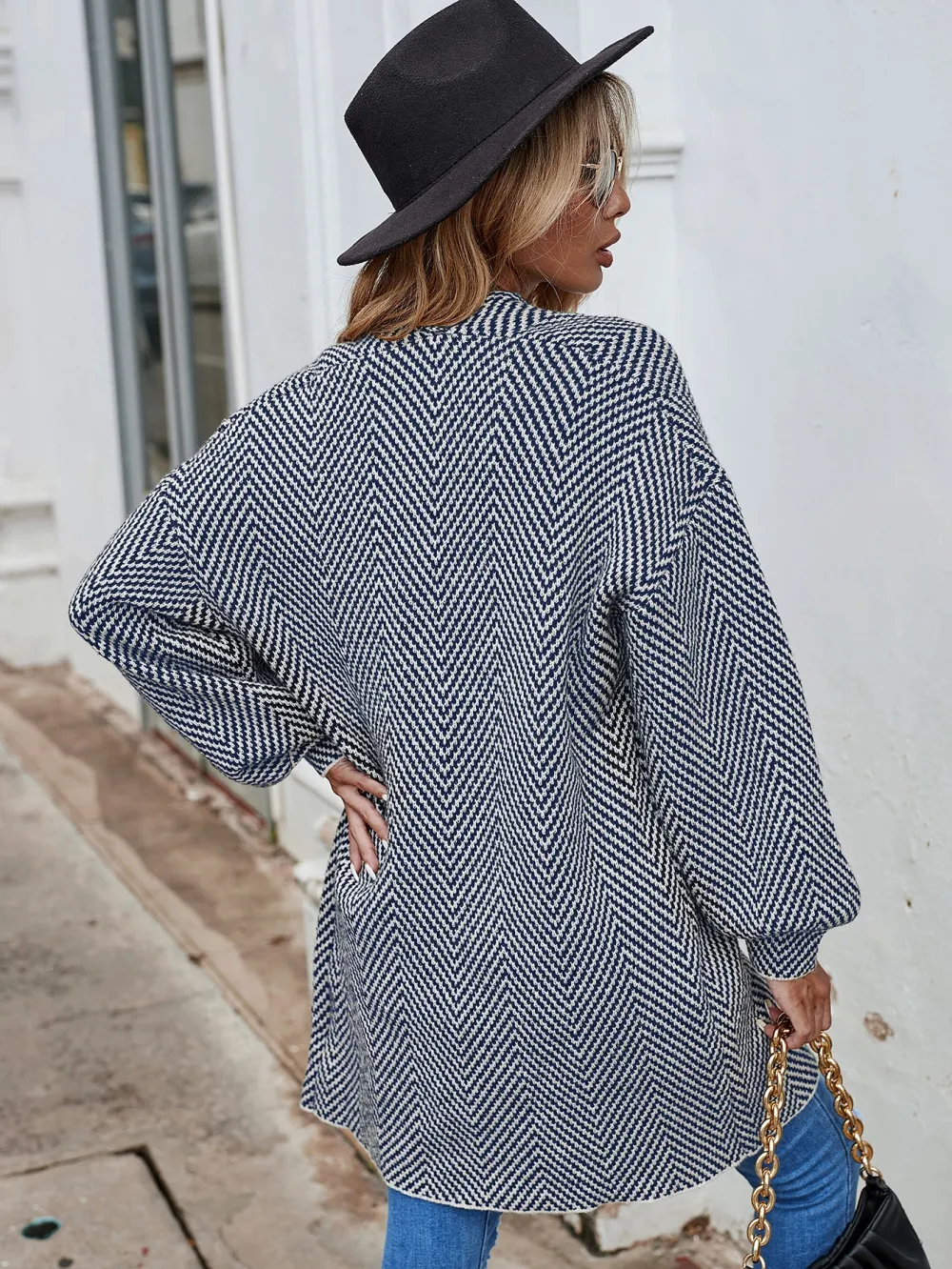 Chevron Pattern Bishop Sleeve Duster Cardigan