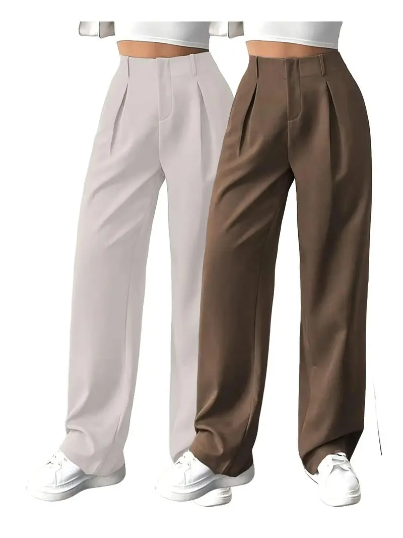 Women's Solid Color Plicated Pocket Wide Leg Pants, Elegant Zipper Fly Trousers for Work Office Business, Ladies Spring & Fall Clothes