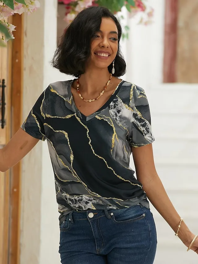Women's T shirt Tee Graphic Casual Weekend Print Black Short Sleeve Basic V Neck