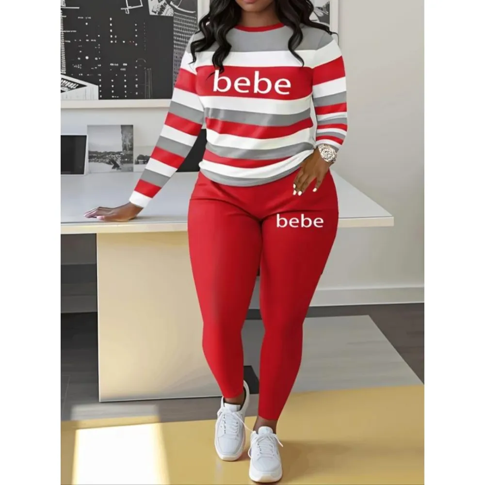 Women's Striped Bebe Letter Print Set