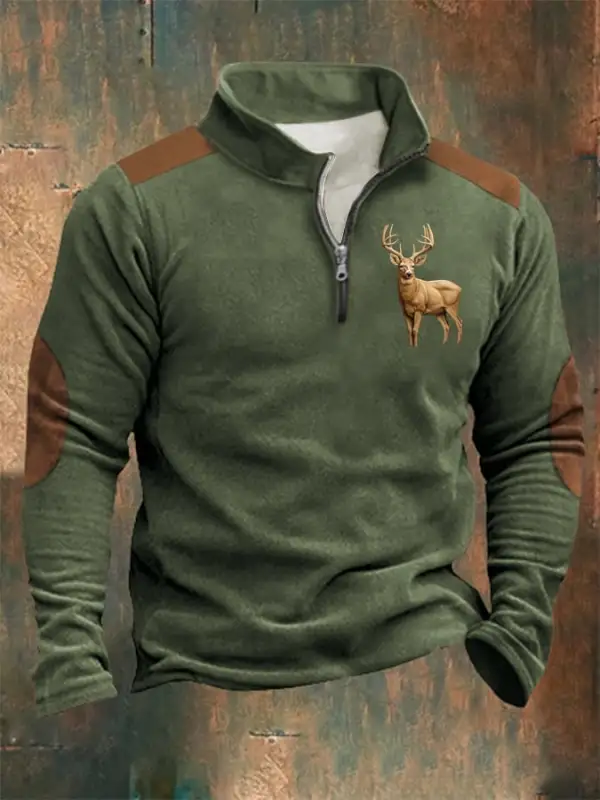 Western Style Printed Stand Collar Zipper Men's Sweatshirt