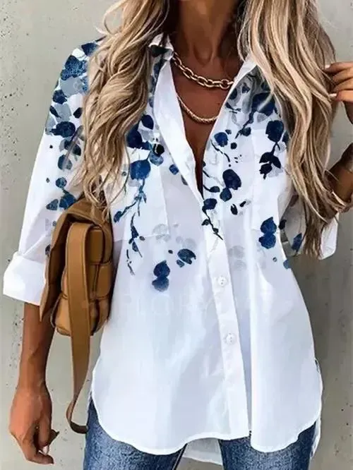 Women Long Sleeve Stand-up Collar Printed Graphic Top