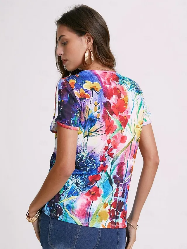 Women's T shirt Tee Floral Button Cut Out Print Holiday Weekend Basic Neon & Bright Short Sleeve V Neck Red