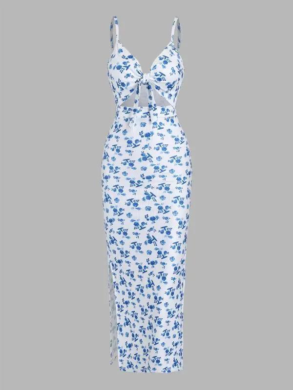 Women's Cut-Out Knot Front Cami Dress – Backless Ribbed Bodycon Maxi