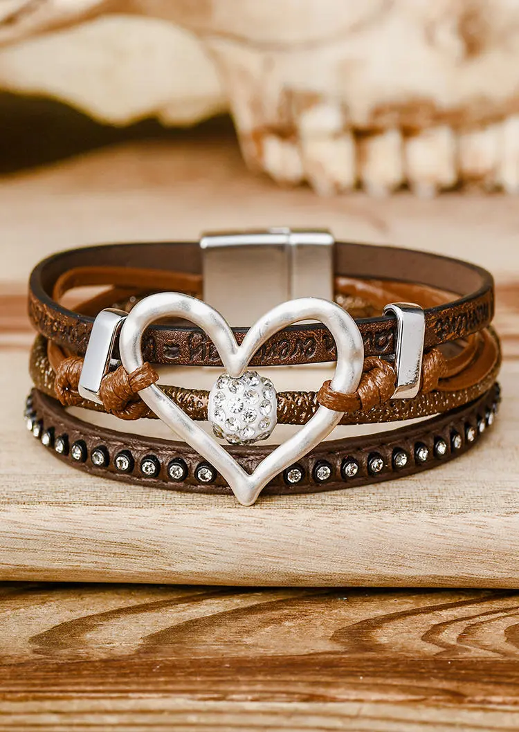 Heart Rhinestone Hollow Out PU Leather Bracelet