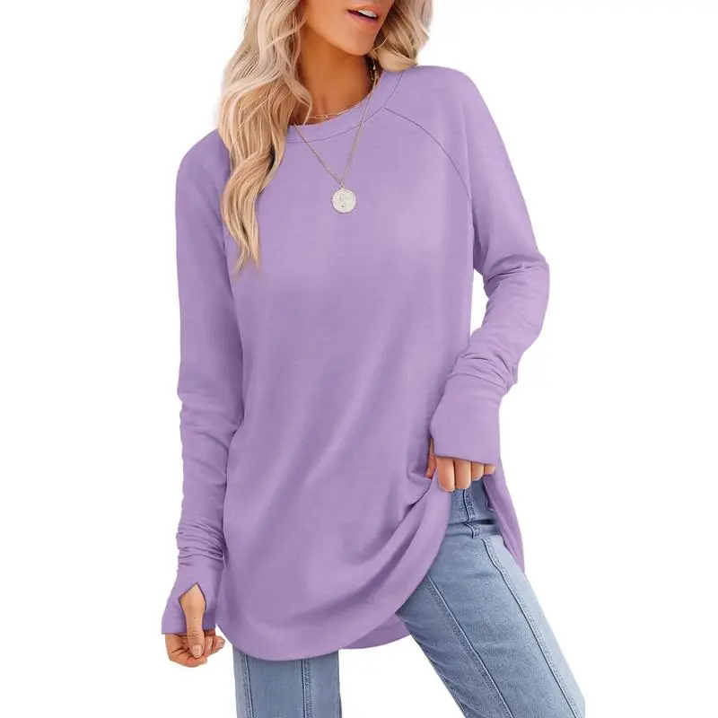 Womens Tunic Tops to Wear with Leggings Long Sleeve Thumb Hole Shirts Crew Neck Curved Hem