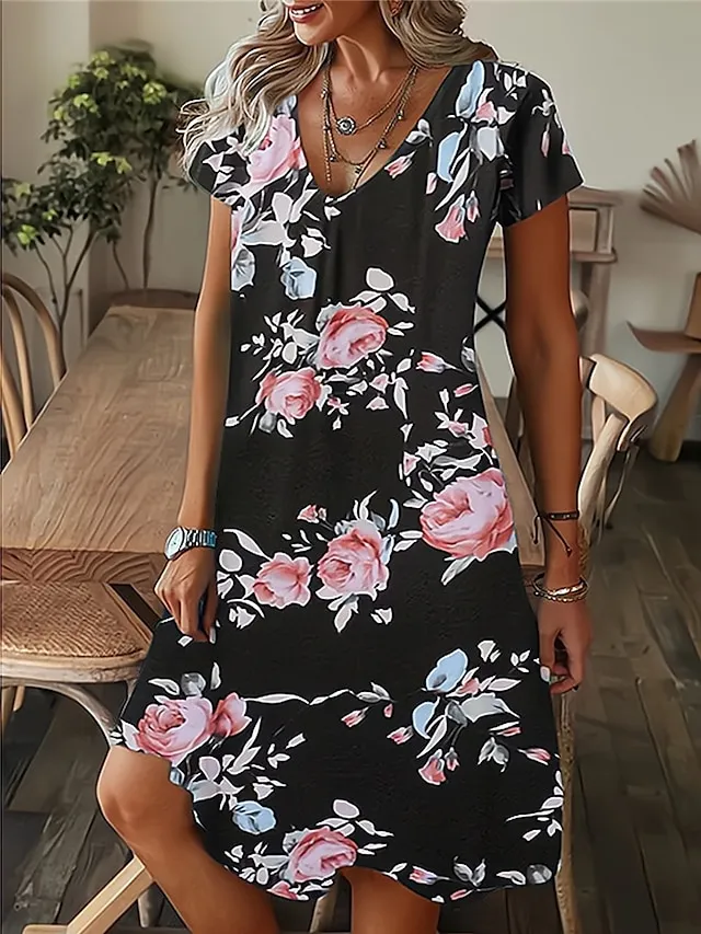 Women's Floral Leaf Print V Neck Midi Dress Daily Vacation Short Sleeve Summer Spring