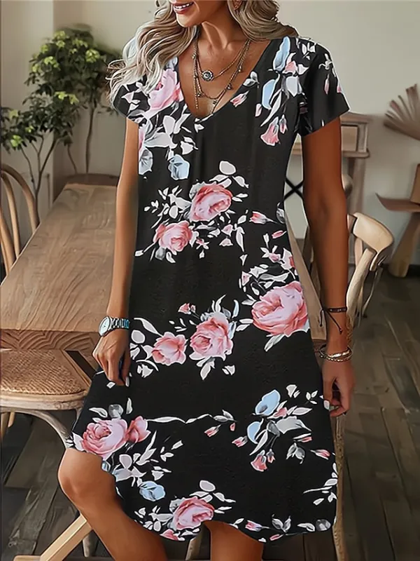Women's Floral Leaf Print V Neck Midi Dress Daily Vacation Short Sleeve Summer Spring